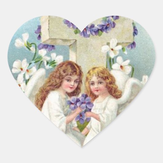 Kute Angels met kruis en bloemen. Hart Sticker (Voorkant)