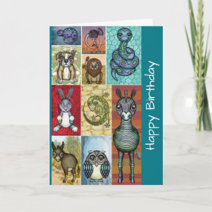 Kute Animal Collage Folk Art Design Birthday Kaart
