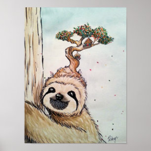 Kute Animal Sloth met Bonsai Tree house Poster