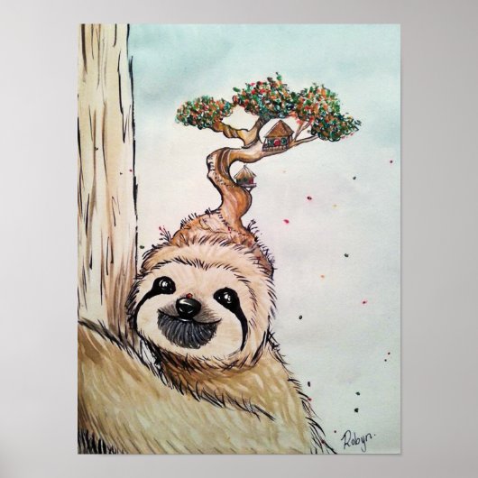 Kute Animal Sloth met Bonsai Tree house Poster (Voorkant)