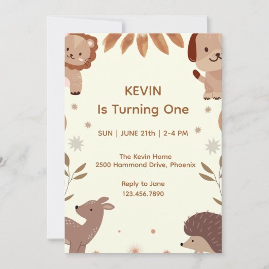 Kute Animal Theme First Birthday Invitation Kaart (Voorkant)