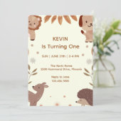 Kute Animal Theme First Birthday Invitation Kaart (Staand voorkant)