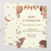 Kute Animal Theme First Birthday Invitation Kaart (Voorkant / Achterkant)