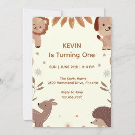 Kute Animal Theme First Birthday Invitation Kaart
