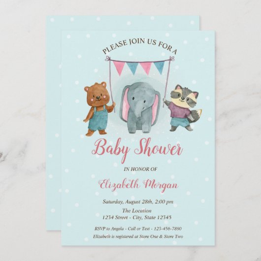 Kute Animals, Blue Stippen Baby shower Kaart (Voorkant / Achterkant)