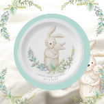 Kute Animals Bunny Personalized Green Baby shower Papieren Bordje<br><div class="desc">Zachte pastel gekleurde bloemen en het zoete konijnenkonijn met baby bunny. Mint groene trim. Speciaal aangepast met naam en datum maakt dit extra speciaal. Overeenkomende producten beschikbaar. 100% klanttevredenheid met "Zazzle"</div>