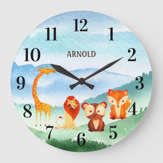 Kute Animals Kinder Nursery Green Blue Forest Grote Klok (Voorkant)