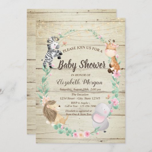 Kute Animals Wood Texture Baby shower Invitation Kaart (Voorkant / Achterkant)