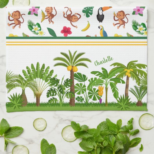 Kute apen en bananen in het Oerwoud Pattern Theedoek (Gevouwen)