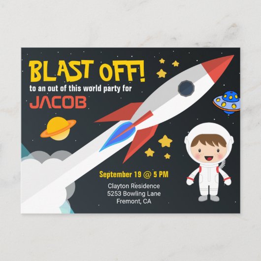 Kute astronaut boys Buitenspace Birthday Party Uitnodiging Briefkaart (Voorkant)