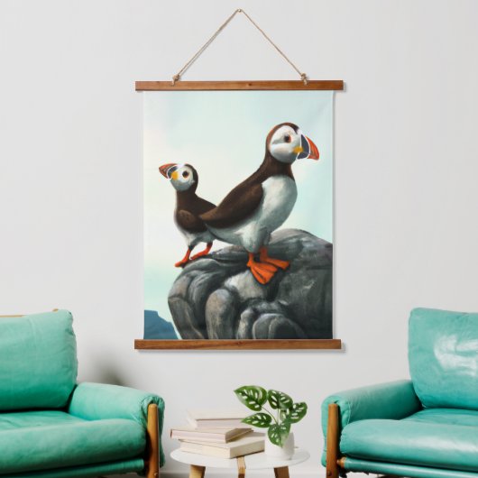 Kute Atlantic Puffins Seabirds on the Rocks Hangend Wandkleed (Woonkamer)