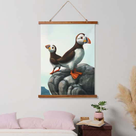 Kute Atlantic Puffins Seabirds on the Rocks Hangend Wandkleed (Slaapkamer)
