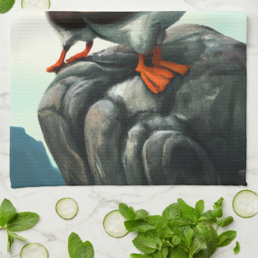 Kute Atlantic Puffins Seabirds on the Rocks Theedoek (Gevouwen)