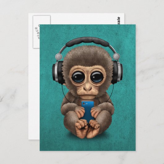 Kute Baby aap met mobiele telefoon hoofdtelefoon Briefkaart (Voorkant / Achterkant)