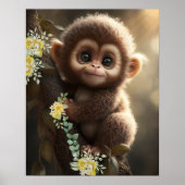 Kute Baby aap op een Boom Gele Bloemen Poster (Voorkant)