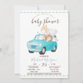 Kute Baby Animals Car, Zigzag Baby shower Kaart (Voorkant)