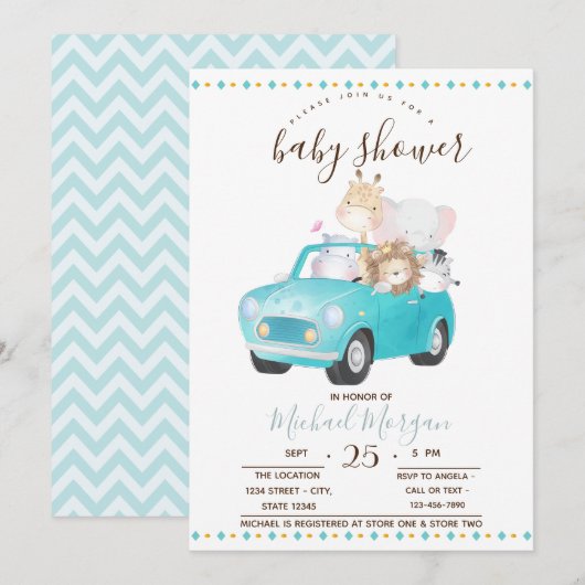 Kute Baby Animals Car, Zigzag Baby shower Kaart (Voorkant / Achterkant)