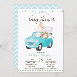 Kute Baby Animals Car, Zigzag Baby shower Kaart