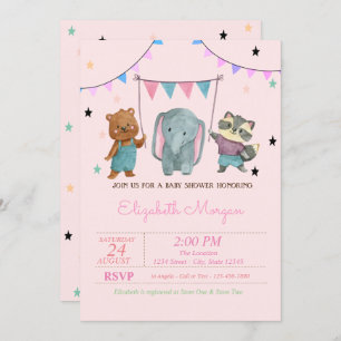 Kute Baby Animals, Stars Baby shower Kaart