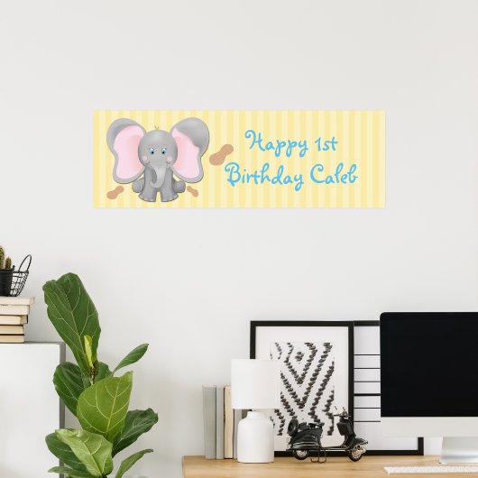 Kute Baby Elephant & Peanuts Birthday Party Banner Poster (Thuiskantoor)