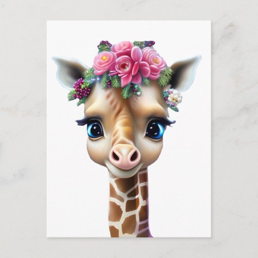 Kute Baby Giraffe met bloemen en Holly Briefkaart (Voorkant)