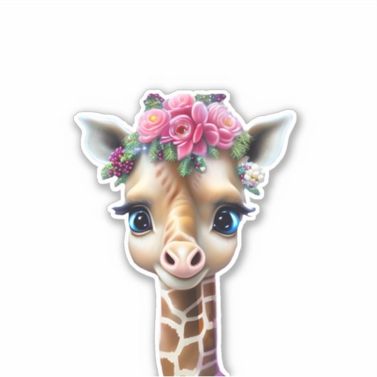 Kute Baby Giraffe met bloemen en Holly Sticker (Voorkant)