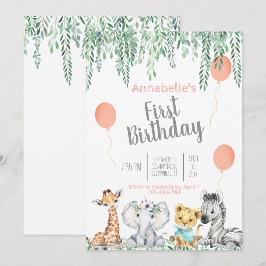 Kute Baby Oerwouden Greenery First Birthday Kaart (Voorkant / Achterkant)