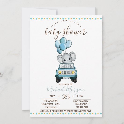 Kute Baby olifant auto, zigzag Baby shower Kaart (Voorkant)