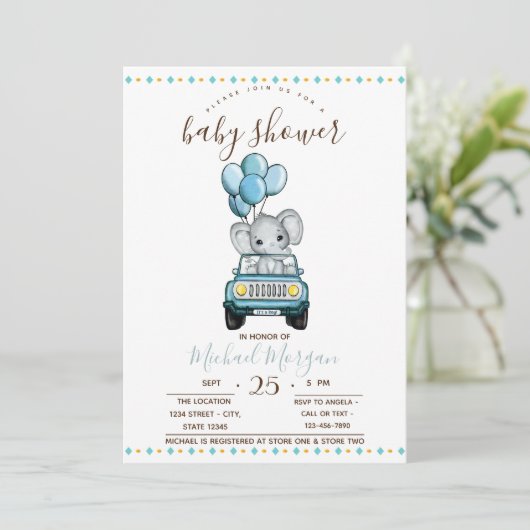 Kute Baby olifant auto, zigzag Baby shower Kaart (Staand voorkant)