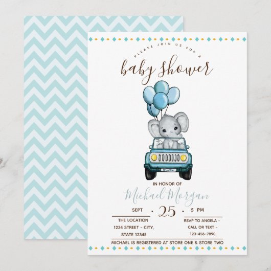 Kute Baby olifant auto, zigzag Baby shower Kaart (Voorkant / Achterkant)