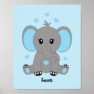Kute baby-olifant blauw voor jongens poster