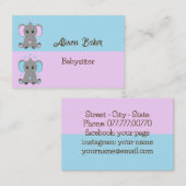 Kute baby-olifant in roze en blauw - babysitter visitekaartje (Voorkant / Achterkant)