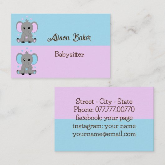 Kute baby-olifant in roze en blauw - babysitter visitekaartje (Voorkant / Achterkant)