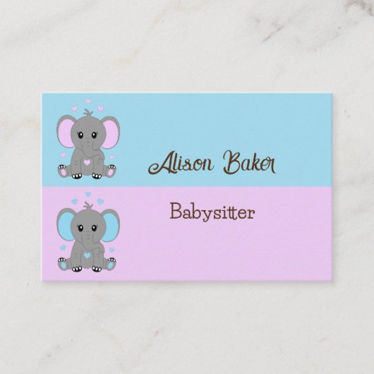 Kute baby-olifant in roze en blauw - babysitter visitekaartje (Voorkant)