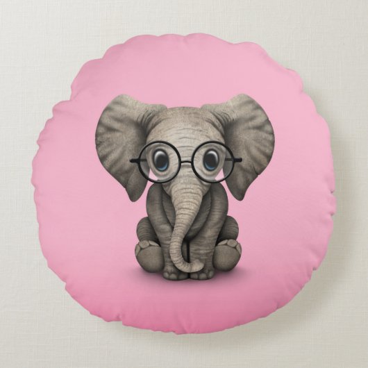 Kute Baby-olifant met leesbril Roze Rond Kussen (Voorkant)