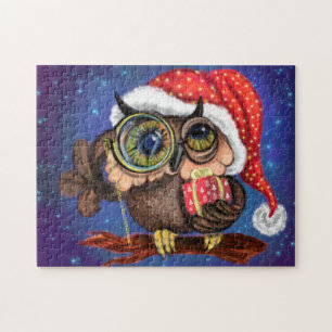 Kute Baby owl in het Pet met Kerstmis en cadeau -  Legpuzzel