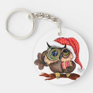 Kute Baby owl in het Pet met Kerstmis en cadeau - Sleutelhanger