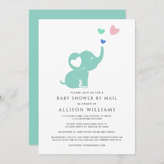 Kute Baby shower via mail Mint Green Elephant Hear Kaart (Voorkant / Achterkant)