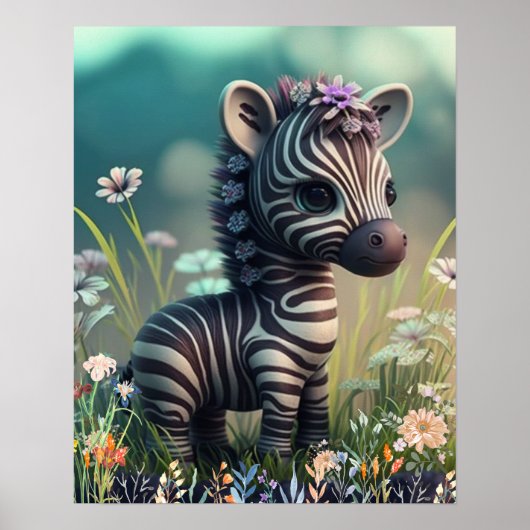 Kute baby-zebra in de tuin van bloementeelt poster (Voorkant)