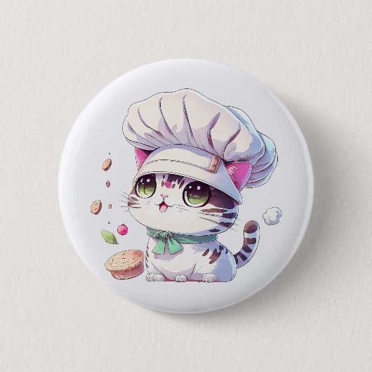 Kute Baker Pastry Chef Cat Kitten met brood | Ronde Button 5,7 Cm (Voorkant)