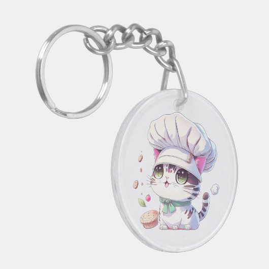 Kute Baker Pastry Chef Cat Kitten met brood | Sleutelhanger (Voorkant Links)