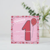 Kute ballon - Roze Kinder 1ste verjaardag Uitnodig Kaart (Staand voorkant)