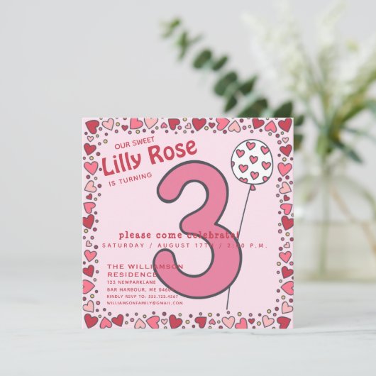 Kute ballon - Roze Kinder 3de verjaardag Uitnodigi Kaart (Staand voorkant)