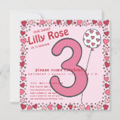 Kute ballon - Roze Kinder 3de verjaardag Uitnodigi Kaart (Voorkant)