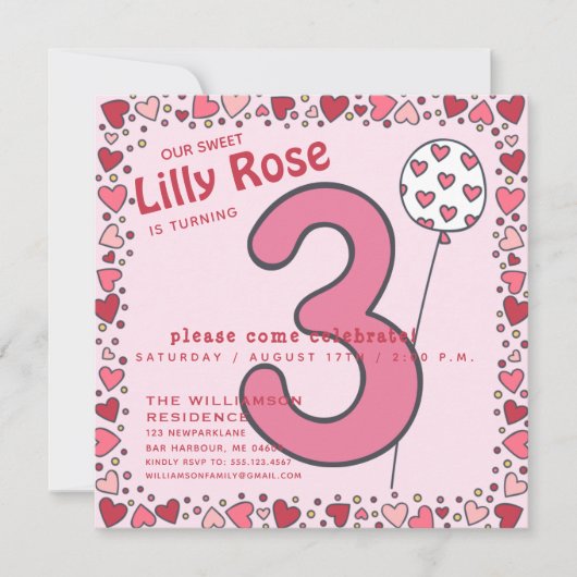 Kute ballon - Roze Kinder 3de verjaardag Uitnodigi Kaart (Voorkant)
