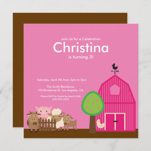 Kute Barn Yard Farm Animals Birthday Party nodigt  Kaart (Voorkant / Achterkant)