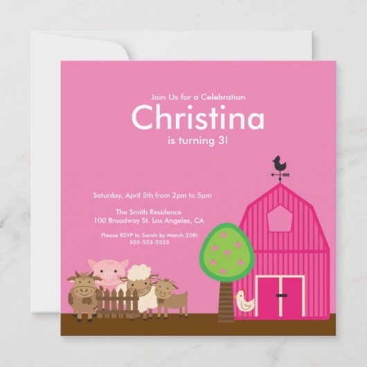 Kute Barn Yard Farm Animals Birthday Party nodigt  Kaart (Voorkant)