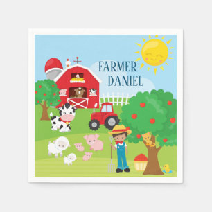 Kute Barnyard Animals, Farmer, Tractor Birthday Servet