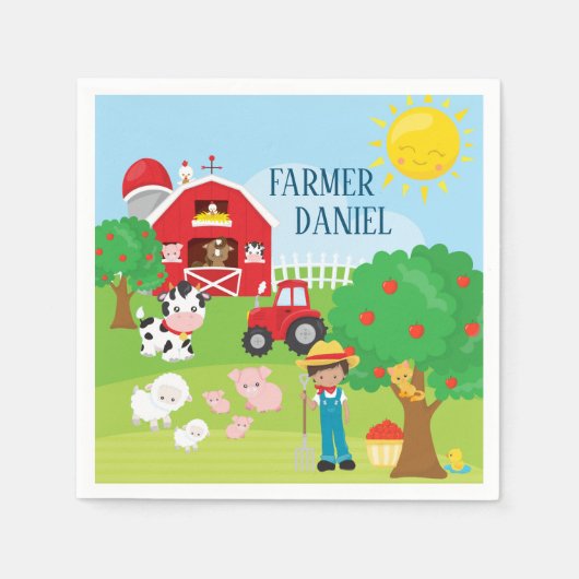 Kute Barnyard Animals, Farmer, Tractor Birthday Servet (Voorkant)
