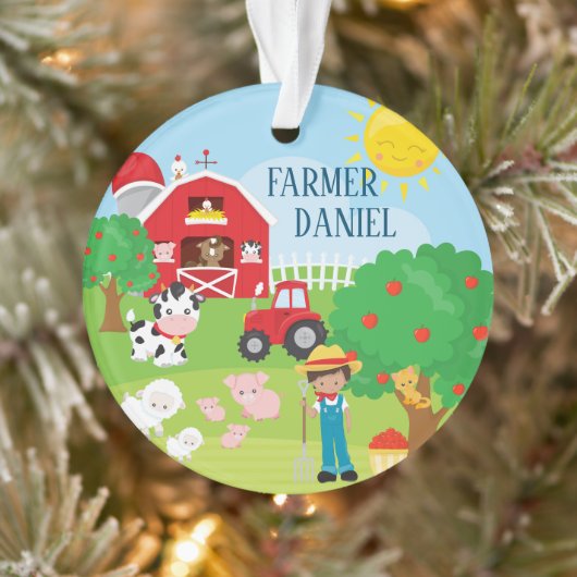 Kute Barnyard Animals, Farmer, Tractor Kerstmis Ornament (Boom)